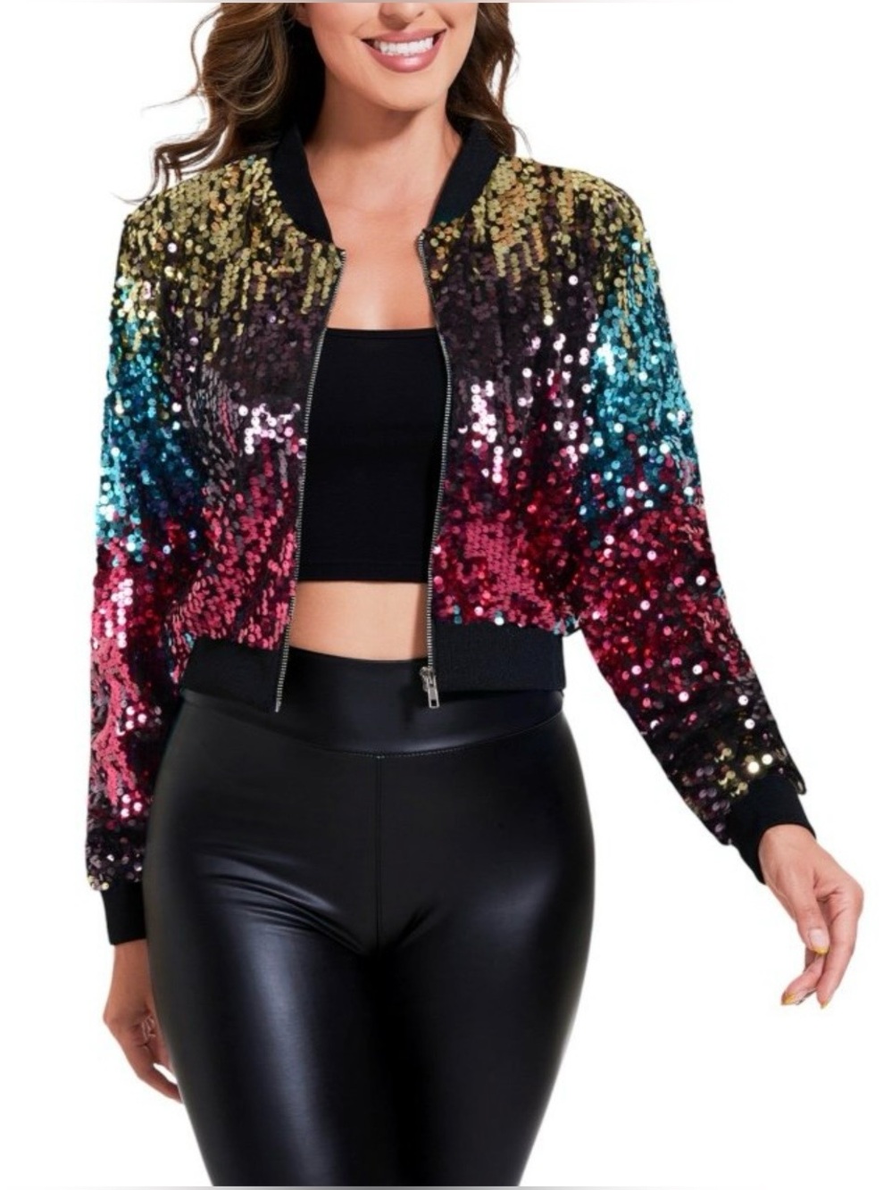 Anna-Kaci Women's Multicolor Sequin Bomber Jacket